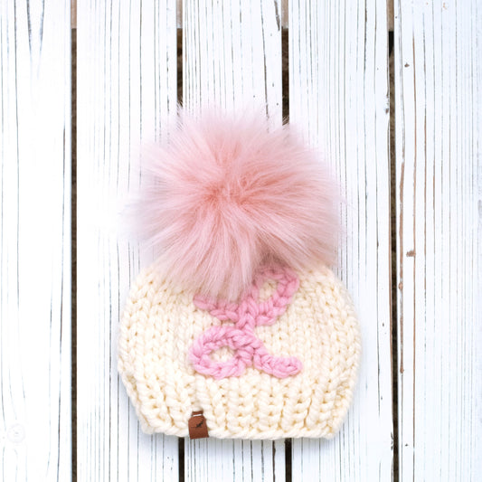 Initial Hat Knitted Baby Hat with Pom Pom | Hand Embroidered | For Baby and Toddler
