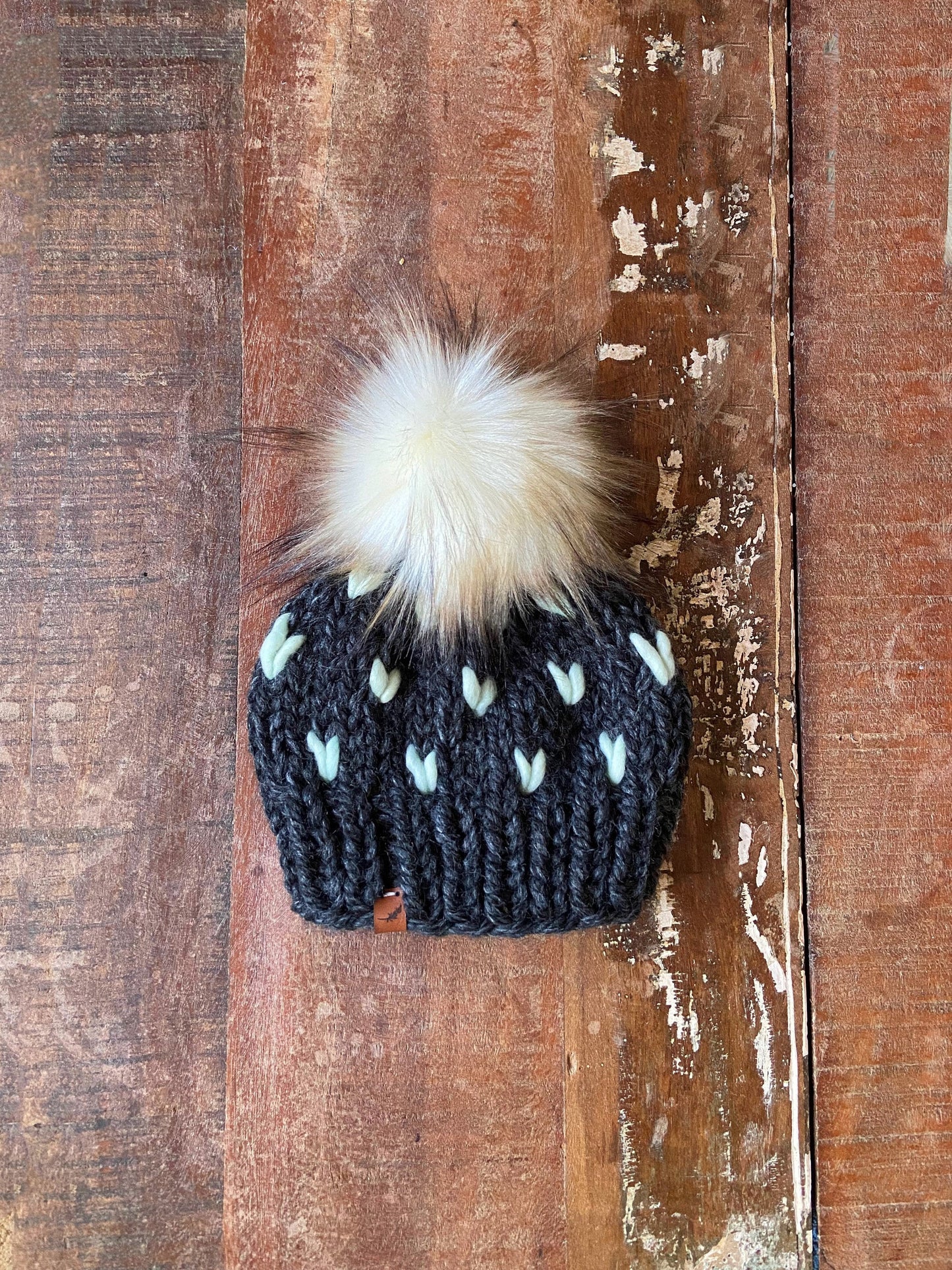 Knitted Hat with Tiny Hearts | Chunky Knit Hat with Pom Pom | For Baby, Toddler and Child