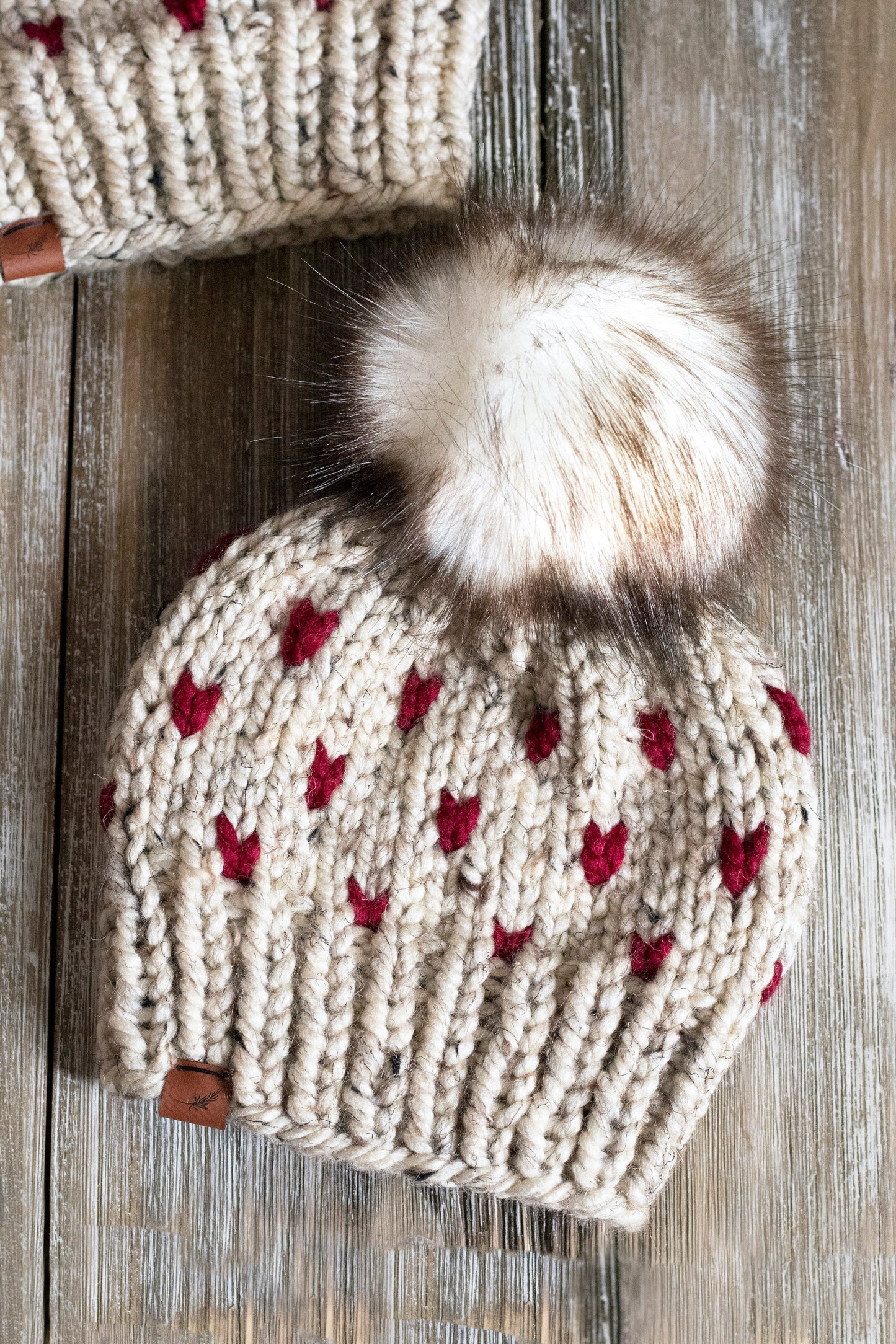 Knitted Hat with Tiny Hearts | Chunky Knit Hat with Pom Pom | For Baby, Toddler and Child