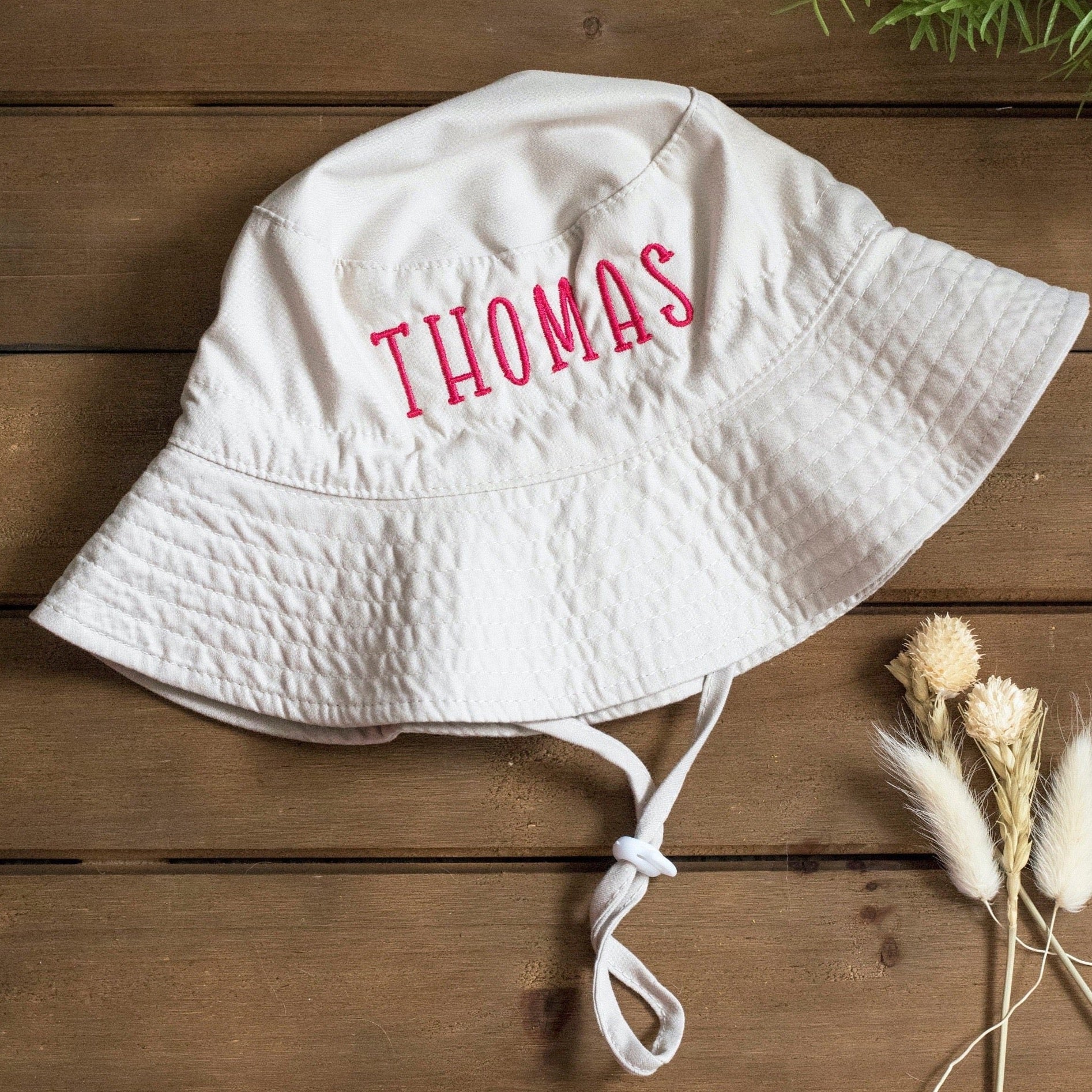Rosemary Press Co. Personalized Baby Sun Hat | Gender Neutral Custom Embroidered Bucket Hat | for Baby and Toddler 0-12 Months - White / Times New Roman