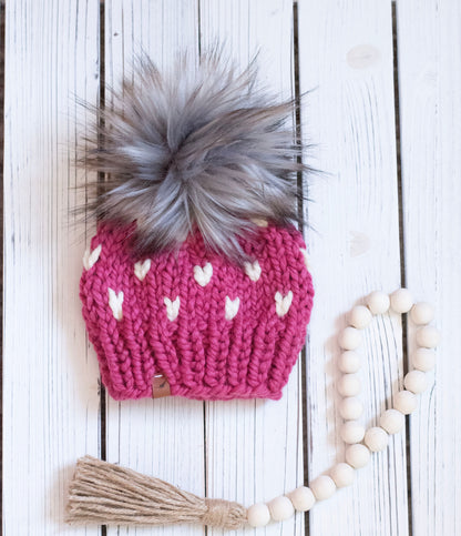 Knitted Hat with Tiny Hearts  | Chunky Knit Hat with Pom Pom | For Baby, Toddler and Child