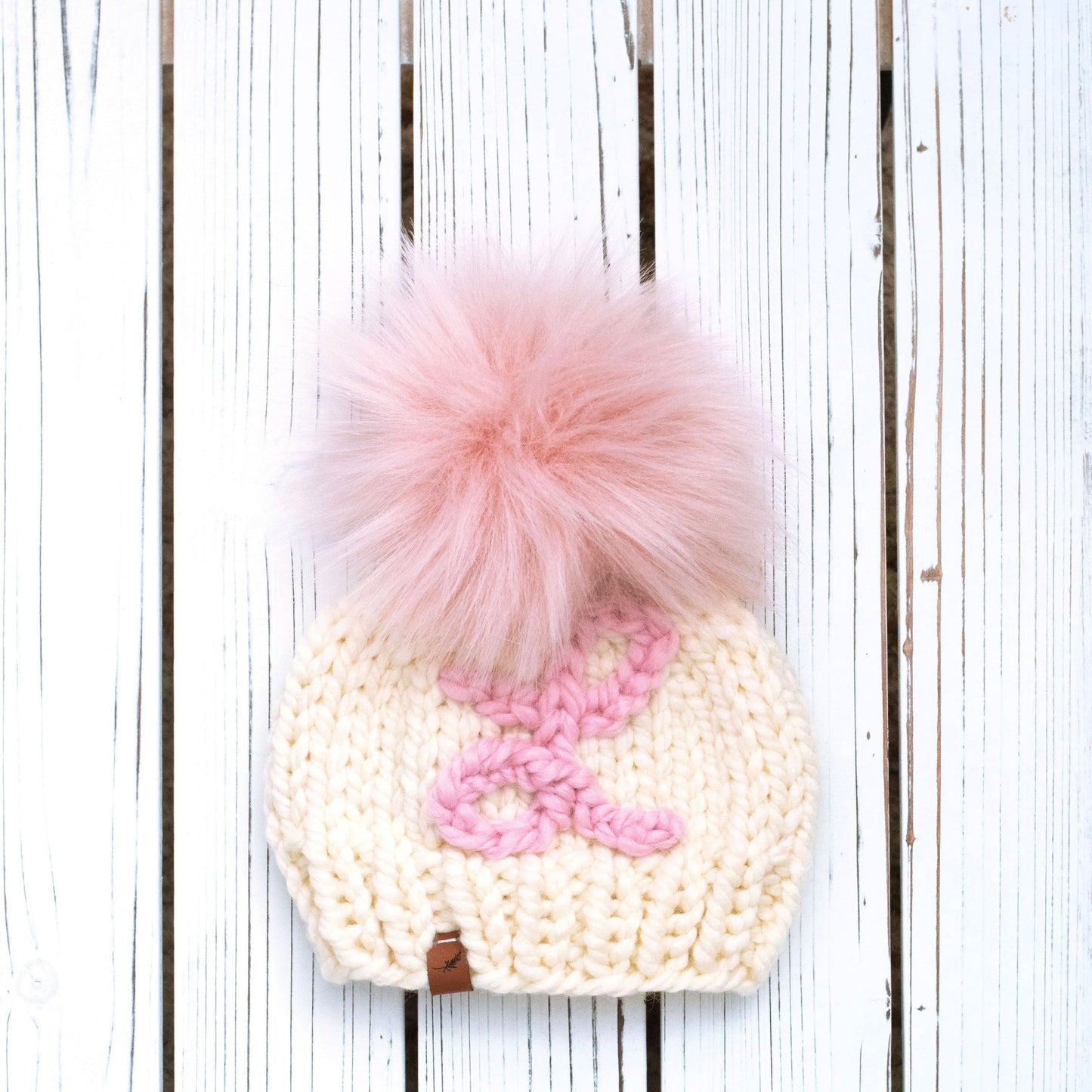 Hand Embroidered Initial Hat Knitted Baby Hat with Pom Pom | For Baby and Toddler