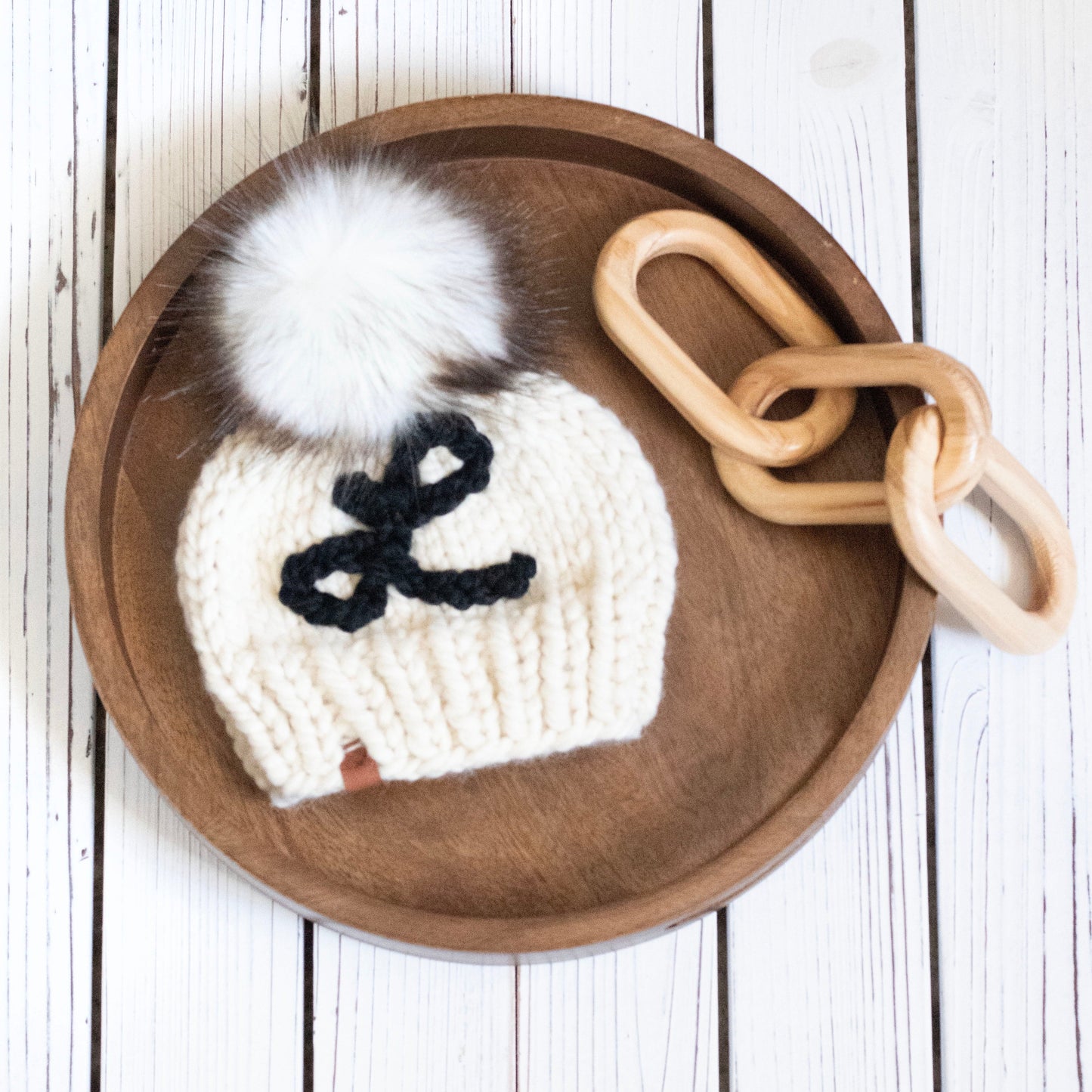 Hand Embroidered Initial Hat Knitted Baby Hat with Pom Pom | For Baby and Toddler