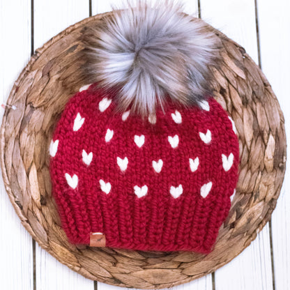 Matching Mommy and Me Knitted Hats with Tiny Hearts | Tiny Hearts Beanies with Pom Poms