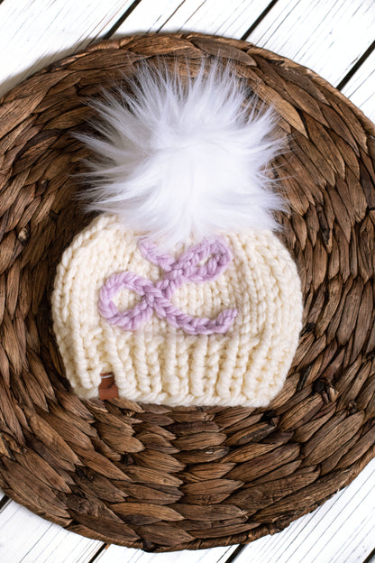 Hand Embroidered Initial Hat Knitted Baby Hat with Pom Pom | For Baby and Toddler