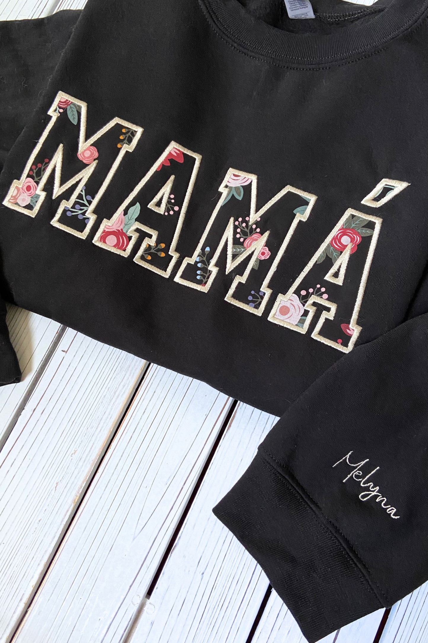 MAMA Floral Embroidered Sweatshirt + Kids Names on Sleeve