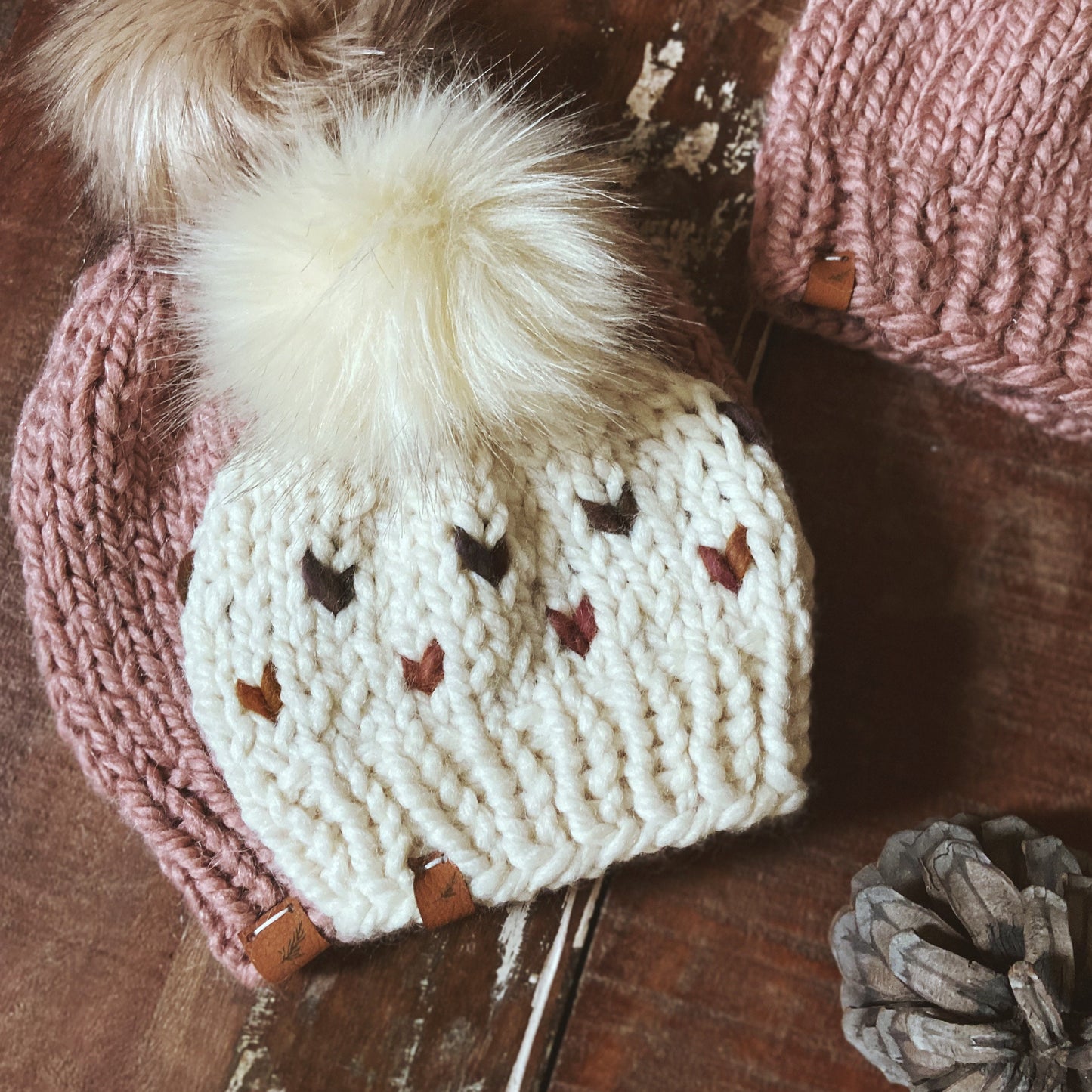 Matching Mommy and Me Knitted Hats with Tiny Hearts | Tiny Hearts Beanies with Pom Poms
