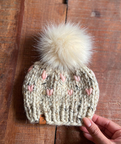 Matching Mommy and Me Knitted Hats with Tiny Hearts | Tiny Hearts Beanies with Pom Poms