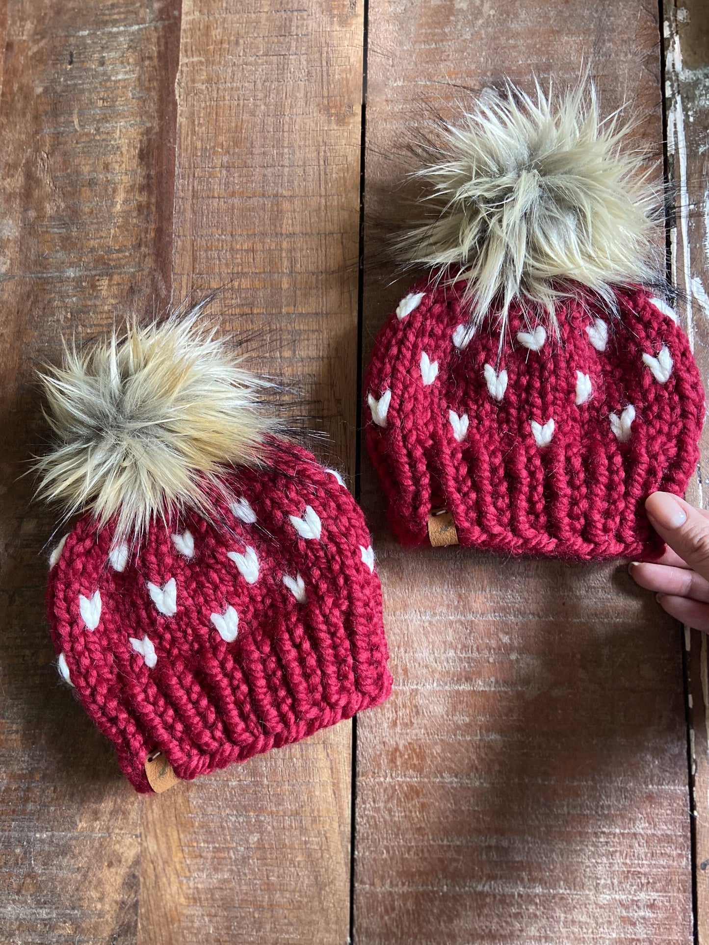 Matching Mommy and Me Knitted Hats with Tiny Hearts | Tiny Hearts Beanies with Pom Poms
