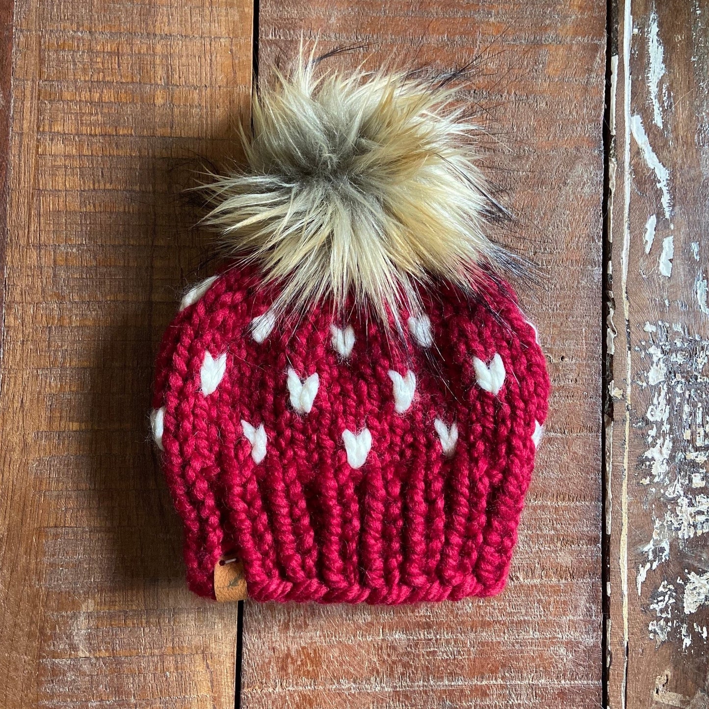 Knitted Hat with Tiny Hearts  | Chunky Knit Hat with Pom Pom | For Baby, Toddler and Child