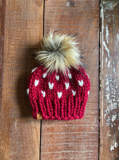 Matching Mommy and Me Knitted Hats with Tiny Hearts | Tiny Hearts Beanies with Pom Poms