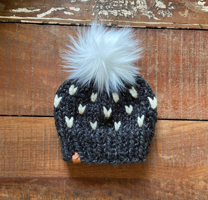 Matching Mommy and Me Knitted Hats with Tiny Hearts | Tiny Hearts Beanies with Pom Poms