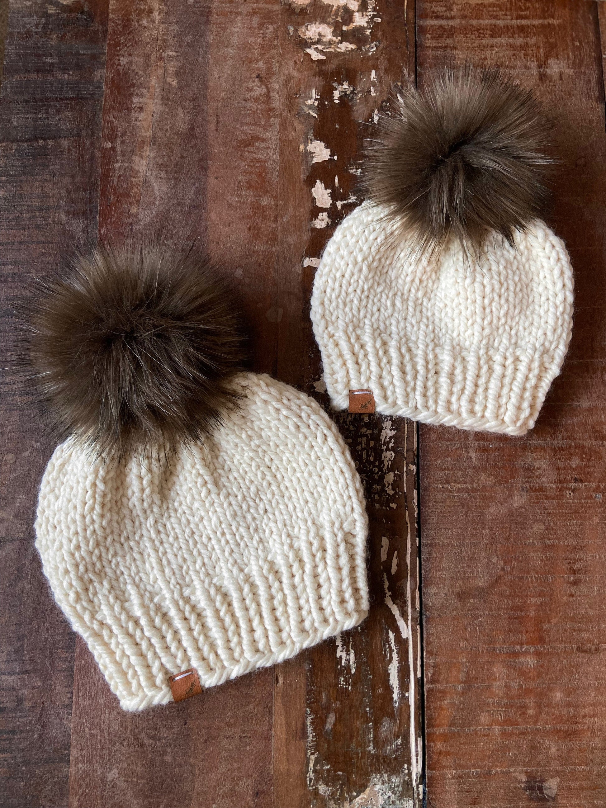Mommy and Me Winter Hats With Faux Fur Pom Poms, Baby Knit Hat