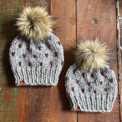 Matching Mommy and Me Knitted Hats with Tiny Hearts | Tiny Hearts Beanies with Pom Poms