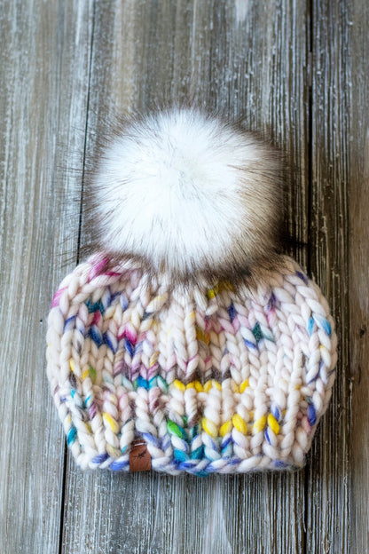 Chunky Knit Baby Hat with Pom Pom - 0 to 3 Months | Boho Baby Knit Hat | Paint Splash Winter Beanie