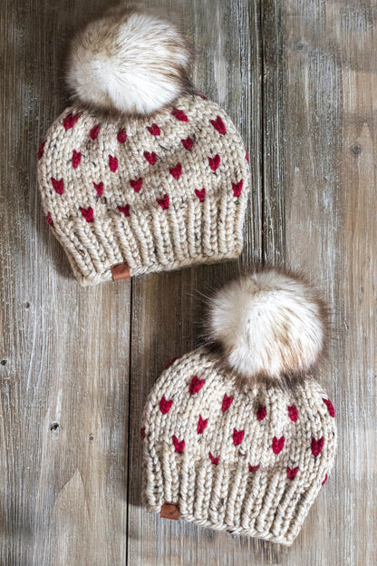 Matching Mommy and Me Knitted Hats with Tiny Hearts | Tiny Hearts Beanies with Pom Poms